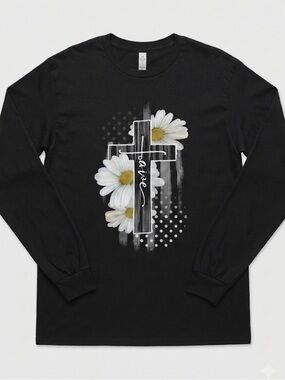 Love in Faith “Faith” Black Long-Sleeve  Graphic Tee with Daisy Cross